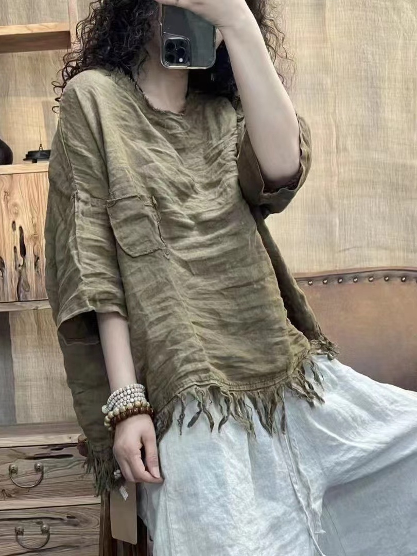 Linen Shirt Breathable - Günlük Pamuklu Keten Kadın Gömleği Yuvarlak
