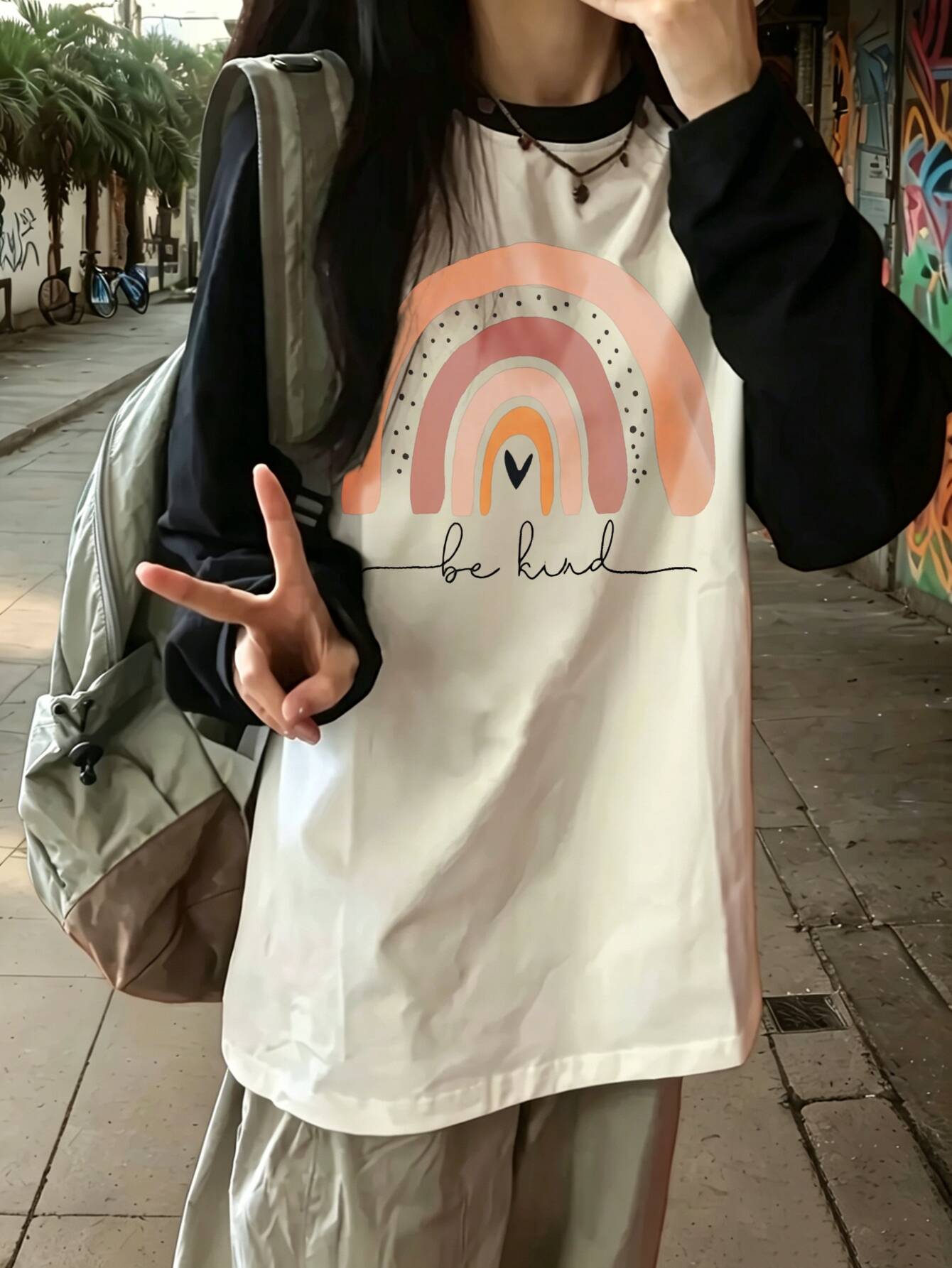 Tee Graphic Print - Harajuku vintage rahat gökkuşağı baskı uzun
