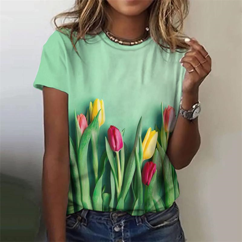 Tee Graphic Print - 3D Baskılı kadın T-Shirt Çiçek Grafik